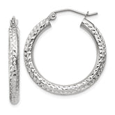 14k White Gold 3x25mm Diamond-cut Round Tube Hoop Earrings