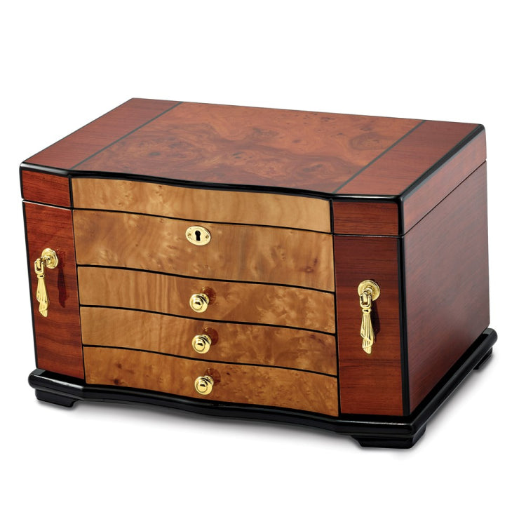 Luxury Giftware by Jere High Gloss Bubinga Veneer w/Elm Burl Inlay 3-drawer with Swing-out Sides Locking Wooden Jewelry Box