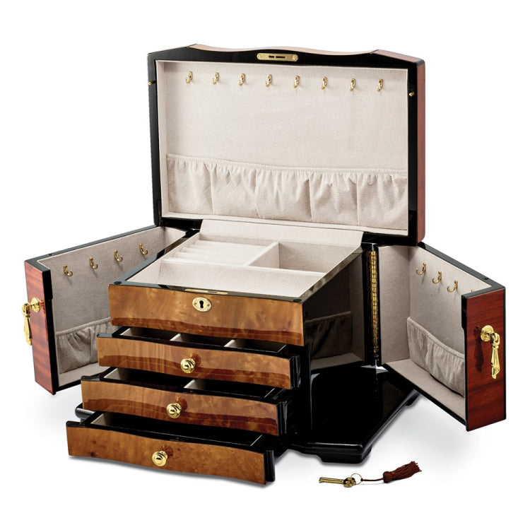 Luxury Giftware by Jere High Gloss Bubinga Veneer w/Elm Burl Inlay 3-drawer with Swing-out Sides Locking Wooden Jewelry Box