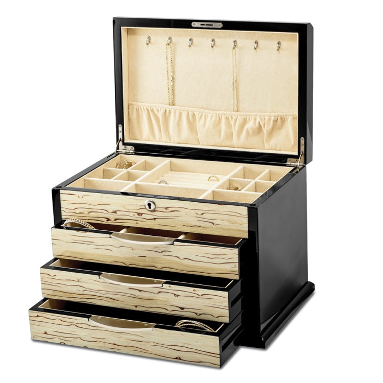 Luxury Giftware by Jere Black Oak Veneer with Iced Maple Veneer 3-drawer Locking Wooden Jewelry Chest