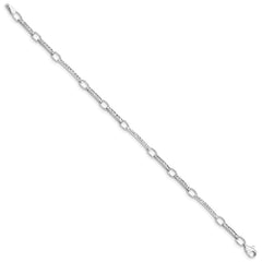 14k White Gold Polished and Textured Oval and Bar Link 7.25 inch Bracelet