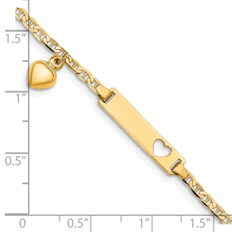 14k Polished Solid Chain/Solid Plate Cut-out Heart with Heart Dangle Anchor Link 22x5mm Plate 6 inch Baby/Child ID Bracelet