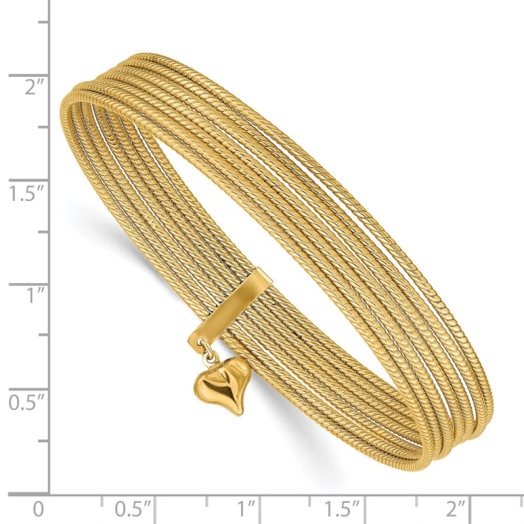 14K Polished and Textured with Dangle Heart 7-Strand 11.00mm Slip-on Round Bangle Bracelet