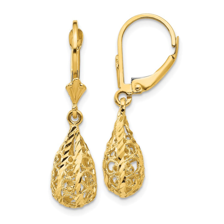 14k Polished Diamond-Cut Filigree Teardrop Dangle Leverback Earrings