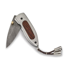 Luxury Giftware Damascus Steel 256 Layer Folding Blade Tali Wood Inlay Steel Handle Knife with Leather Sheath and Wooden Gift Box