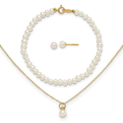 14k Madi K White Freshwater Cultured Pearl 15 inch Necklace/Post Earrings/5.5 inch Bracelet 3-piece Set