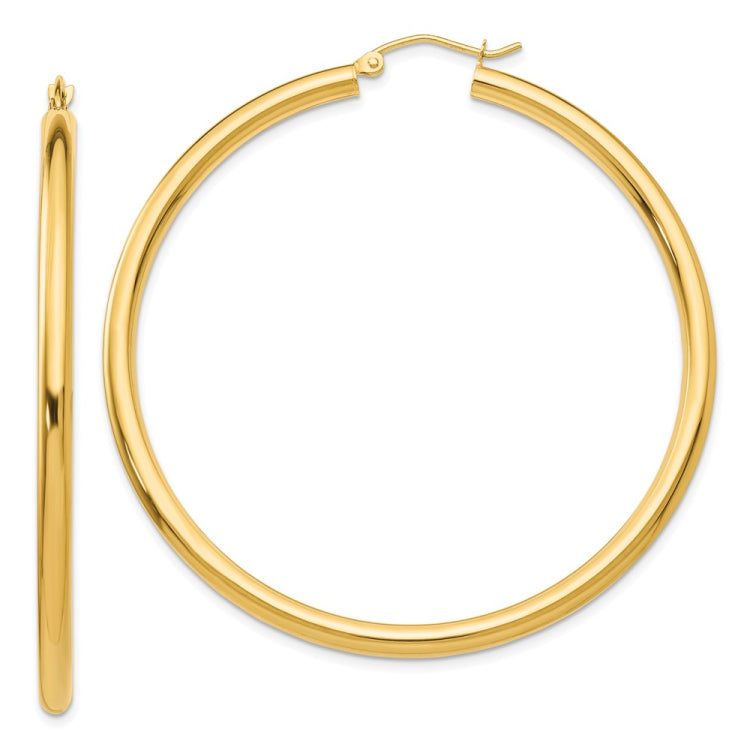 14K 3x55mm Polished Tube Hoop Earrings