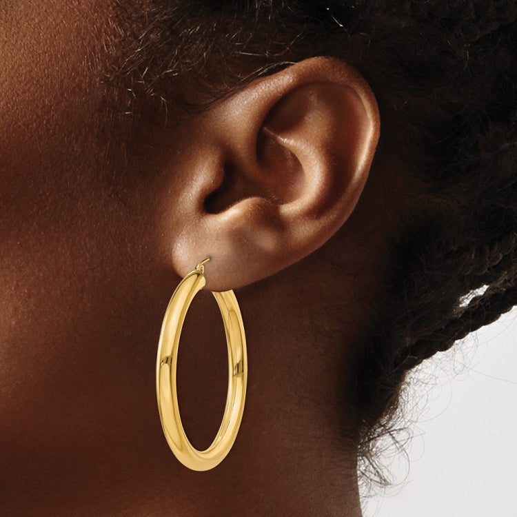 14K 4x40mm Polished Tube Hoop Earrings