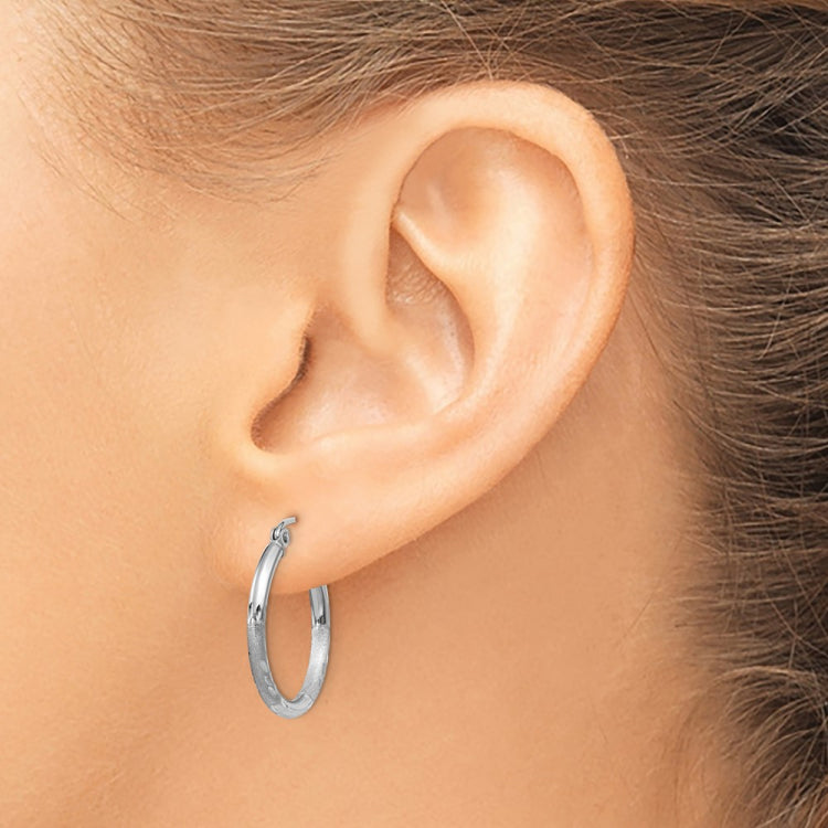 14k White Gold 2x20mm Satin Diamond-cut Round Tube Hoop Earrings