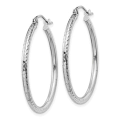 14k White Gold 2x30mm Diamond-cut Round Tube Hoop Earrings