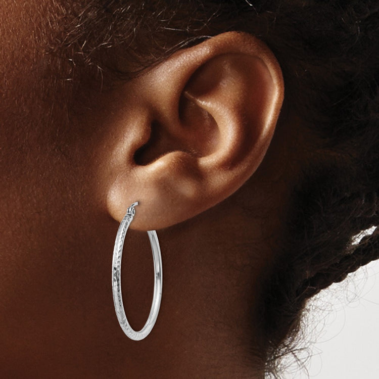 14k White Gold 2x30mm Diamond-cut Round Tube Hoop Earrings