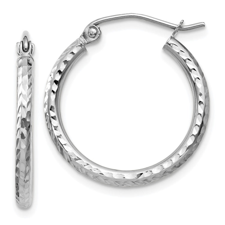 14k White Gold 2x20mm Diamond-cut Round Tube Hoop Earrings
