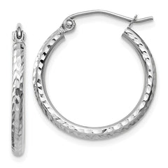 14k White Gold 2x20mm Diamond-cut Round Tube Hoop Earrings
