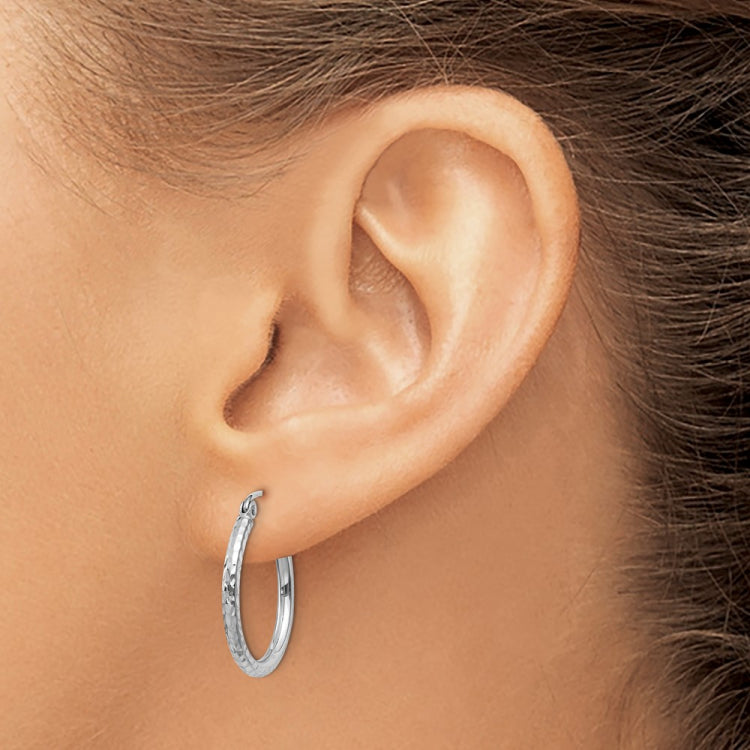 14k White Gold 2x20mm Diamond-cut Round Tube Hoop Earrings