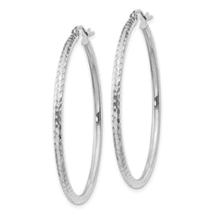 14k White Gold 2x40mm Diamond-cut Round Tube Hoop Earrings