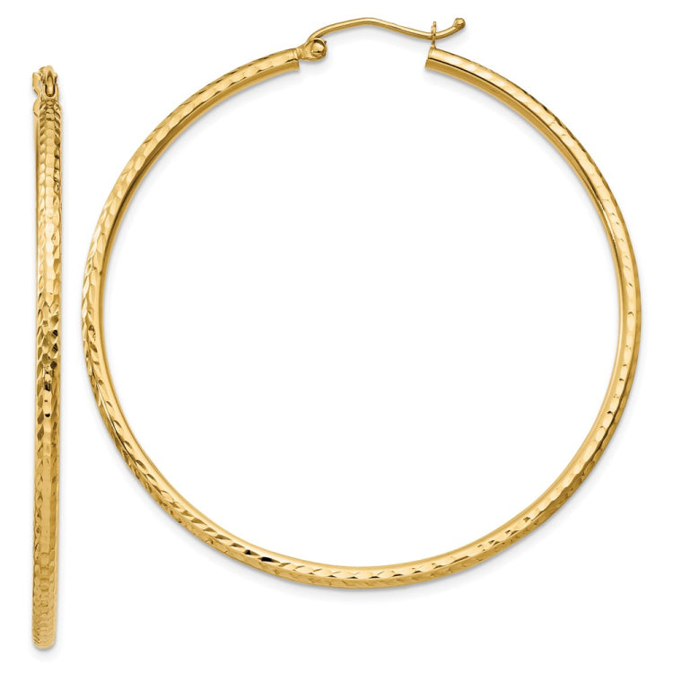 14k 2x50mm Diamond-cut Round Tube Hoop Earrings