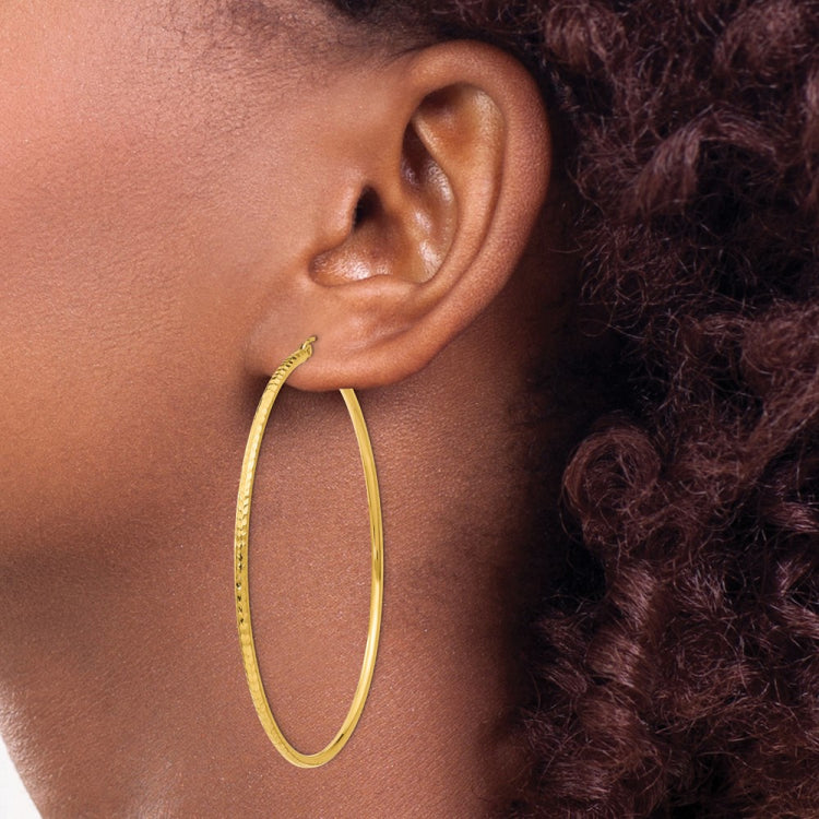 14k 2x65mm Diamond-cut Round Tube Hoop Earrings