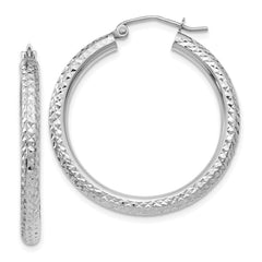 14k White Gold 3x30mm Diamond-cut Round Tube Hoop Earrings