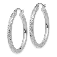 14k White Gold 3x30mm Diamond-cut Round Tube Hoop Earrings