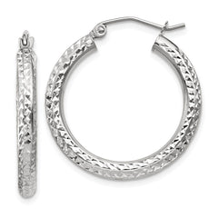 14k White Gold 3x25mm Diamond-cut Round Tube Hoop Earrings