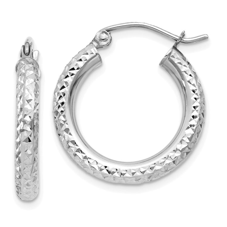 14k White Gold 3x20mm Diamond-cut Round Tube Hoop Earrings
