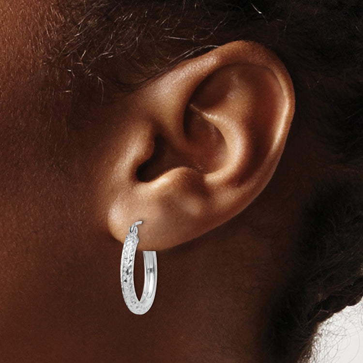 14k White Gold 3x20mm Diamond-cut Round Tube Hoop Earrings