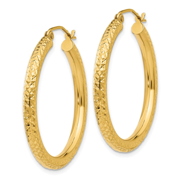14k 3x30mm Diamond-cut Round Tube Hoop Earrings