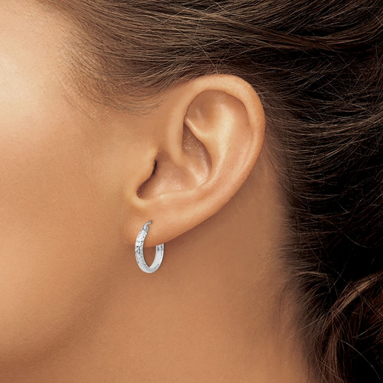 14K White Gold 2.8x15mm Diamond-cut Tube Hoop Earrings