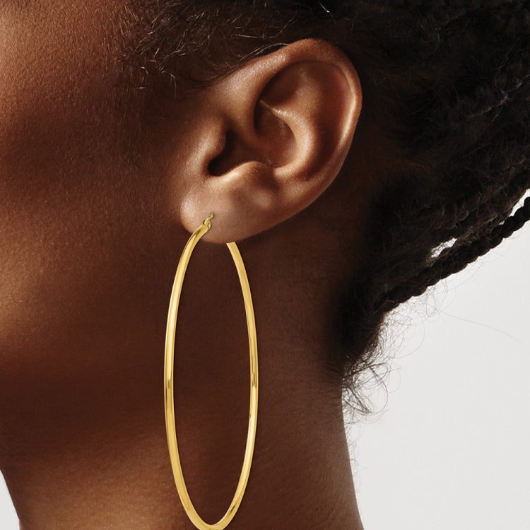 14k 2x70mm Polished Lightweight Round Tube Hoop Earrings
