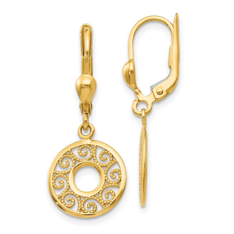 14k Filigree Circle Dangle Leverback Earrings