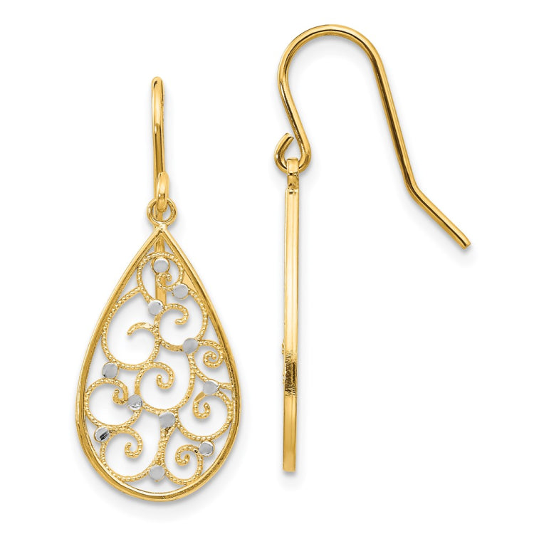 14k and White Rhodium Polished Swirl Teardrop Dangle French Hook Earrings