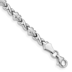 14k White Gold Polished Diamond-cut X-and-Heart 7 inch Bracelet