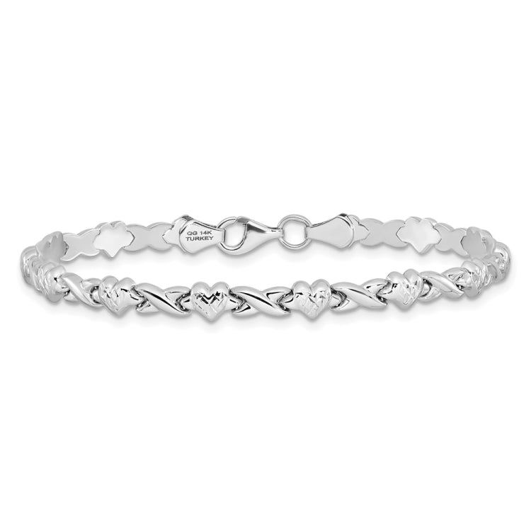 14k White Gold Polished Diamond-cut X-and-Heart 7 inch Bracelet