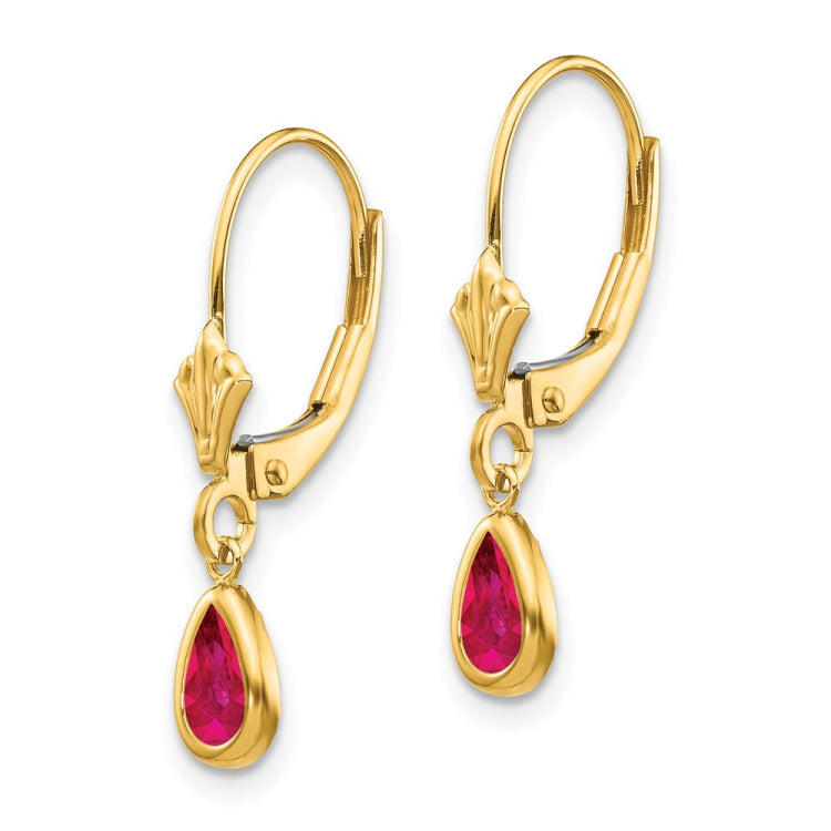 14k 6x4mm Pear Bezel July/Ruby Leverback Earrings