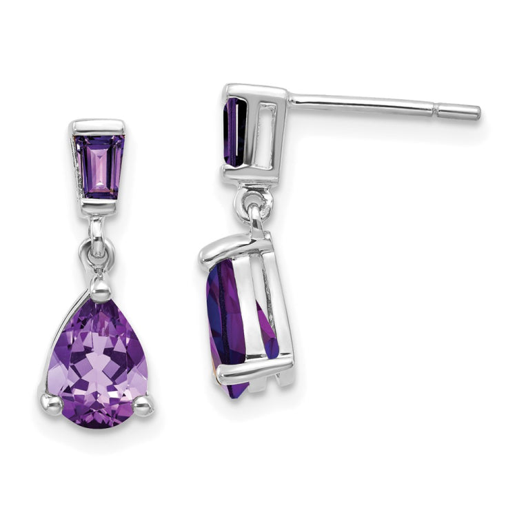 14k White Gold Pear/Baguette Amethyst Dangle Post Earrings