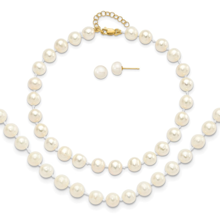 14k 6-7mm White Round Freshwater Cultured Pearl 7.25 inch with 1 Extender Bracelet/18 inch with 2 inch Extender Necklace/Button Earrings Set
