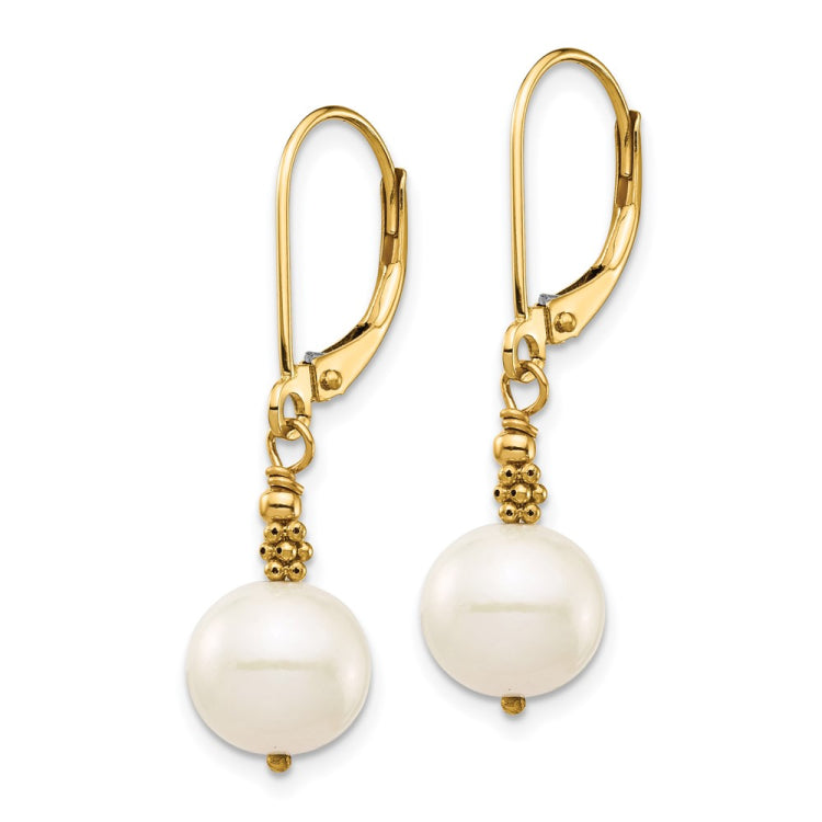14k 8-9mm White Near-Round Freshwater Cultured Pearl Dangle Leverback Earrings
