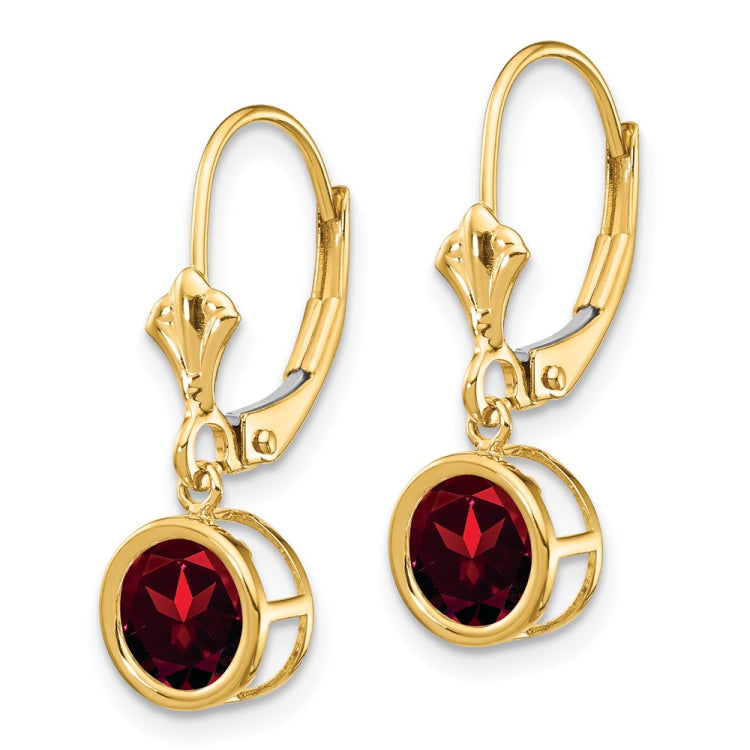 14k 6mm Round Garnet Bezel Leverback Dangle Earrings