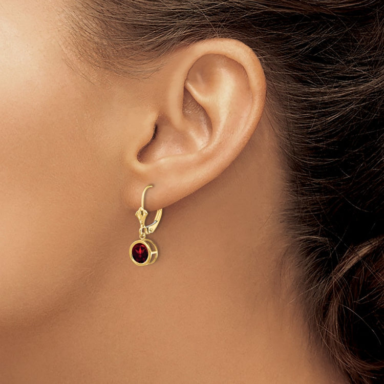 14k 6mm Round Garnet Bezel Leverback Dangle Earrings