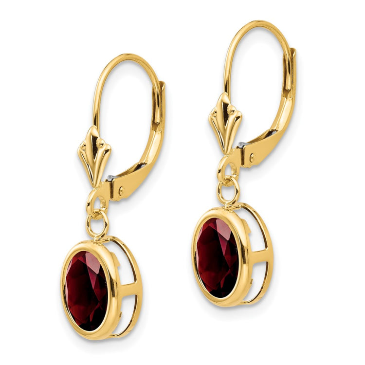 14k 8x6mm Oval Garnet Bezel Leverback Dangle Earrings