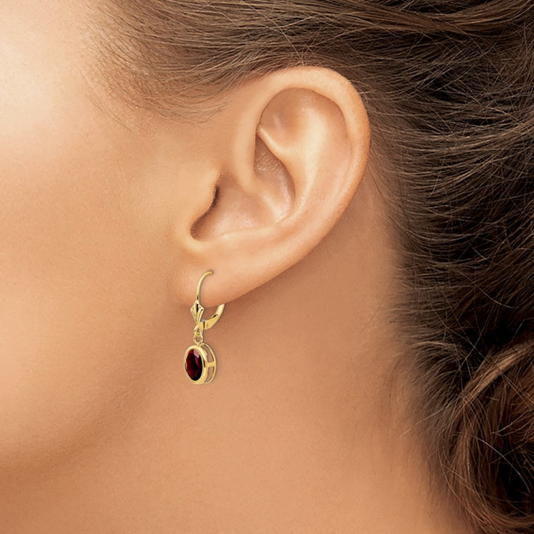 14k 8x6mm Oval Garnet Bezel Leverback Dangle Earrings