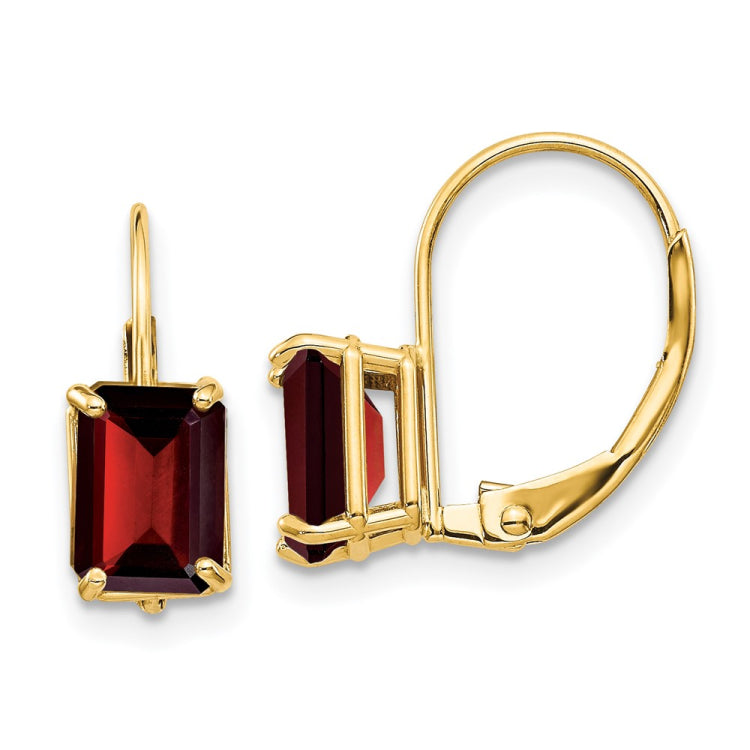 14k 7x5mm Emerald-Cut Garnet Leverback Earrings