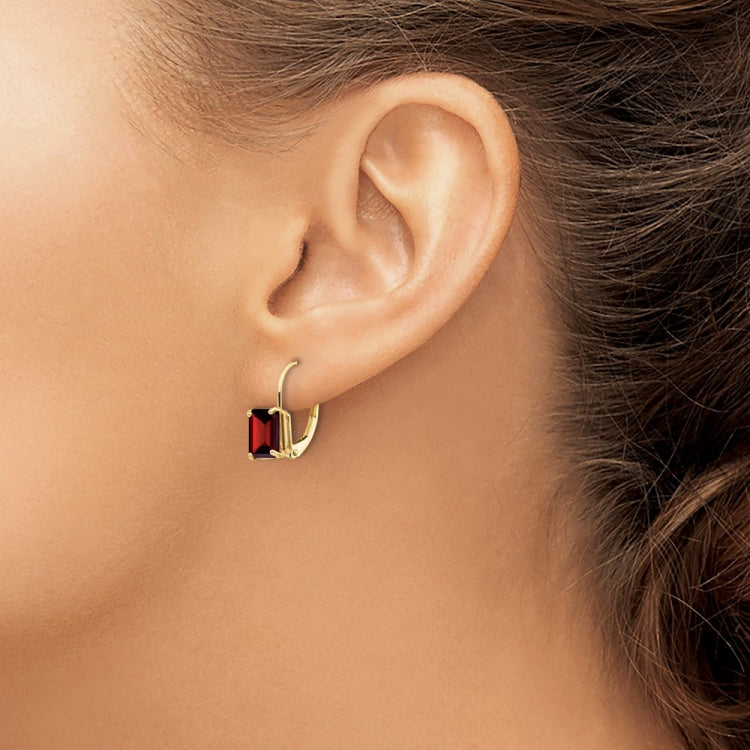 14k 7x5mm Emerald-Cut Garnet Leverback Earrings