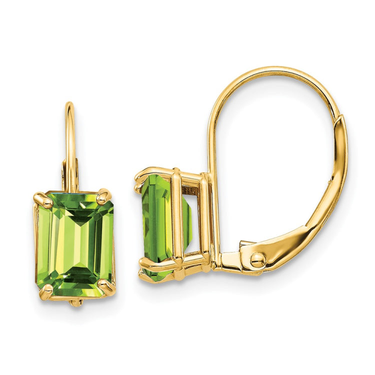14k 7x5mm Emerald-cut Peridot Leverback Earrings