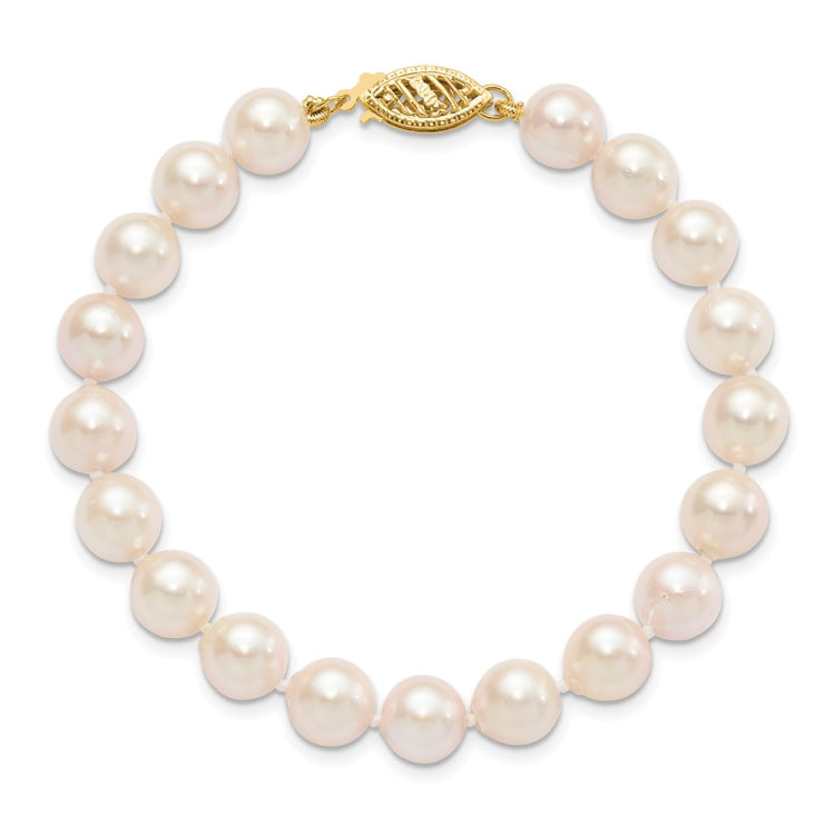 14k 7-8mm White Round Akoya Saltwater Cultured Pearl 7 inch Bracelet