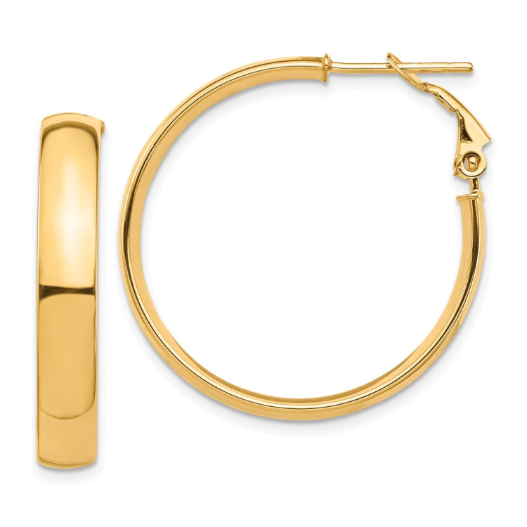 14k 5x30mm High Polished Flat Tube Omega Back Hoop Earrings