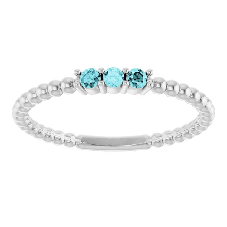 14K White Gold Natural Blue Zircon Beaded Ring