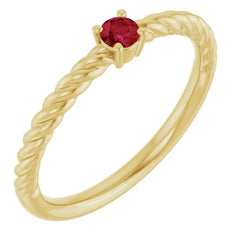 14K Yellow Gold 3 mm Lab-Grown Ruby Solitaire Rope Ring