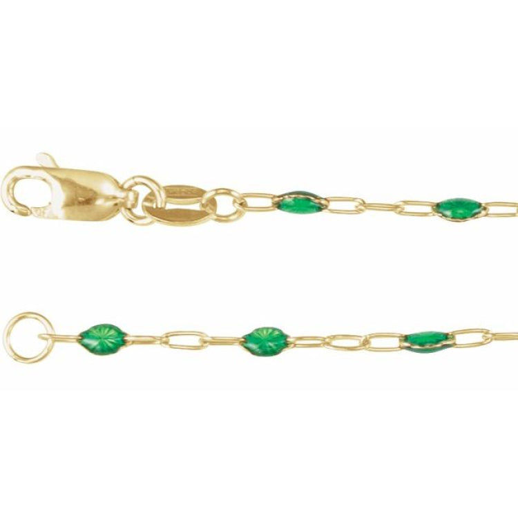 14K Yellow Gold-Filled 1.6 mm Green Enamel Bead Paperclip-Style 18" Chain
