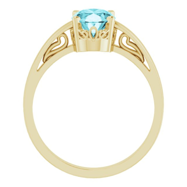 14K Yellow Gold Natural Blue Zircon Scroll Setting® Ring